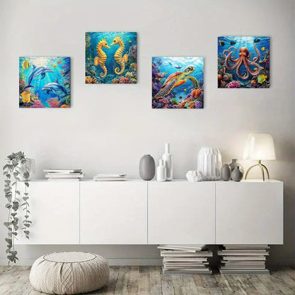 4pcsAnimal Seahorse Turtle Octopuses DolphinsWall Art Canvas Framed