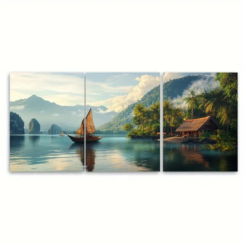 3pcs Indonesia Lake & Mountain Travel Art Wall Art Set Canvas Framed 40x60cm - High Quality Print 100% Australian Made Wall Canvas Ready to Hang