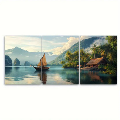 3pcs Indonesia Lake & Mountain Travel Art Wall Art Set Canvas Framed 40x60cm - High Quality Print 100% Australian Made Wall Canvas Ready to Hang