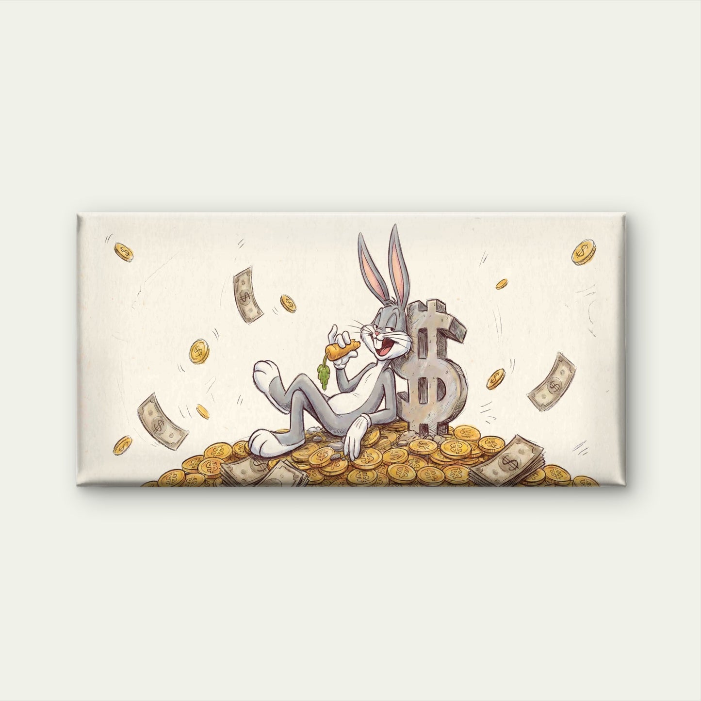 Golden Money Rabbit Sketch Wall Art Canvas Office Home Room Framed 120x60cm - Bella Home Decor