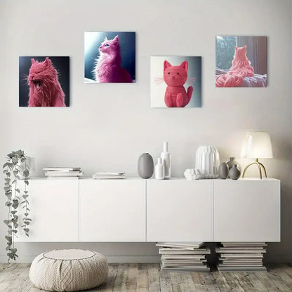 4pcs Charming Pink Cat Theme Art Print Wall Art Canvas Framed