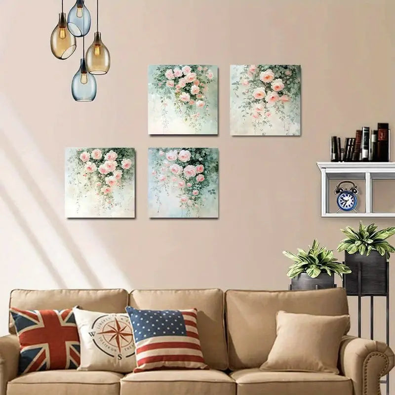 4pcs  Print Pink Roses Picture Modern  Wall Art Canvas Framed