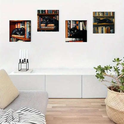 4pcs Black Cat Boo Elegant Moder Wall Art Canvas Framed