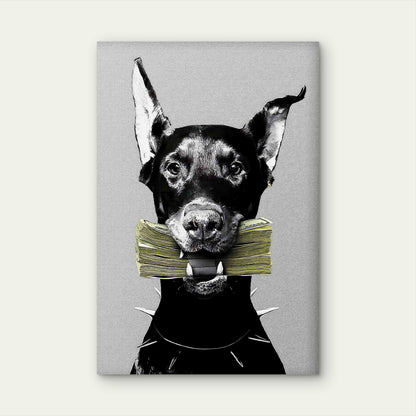 Doberman Spiked Collar Cash Money Stack 60x90cm Metal Print Ready to Hang