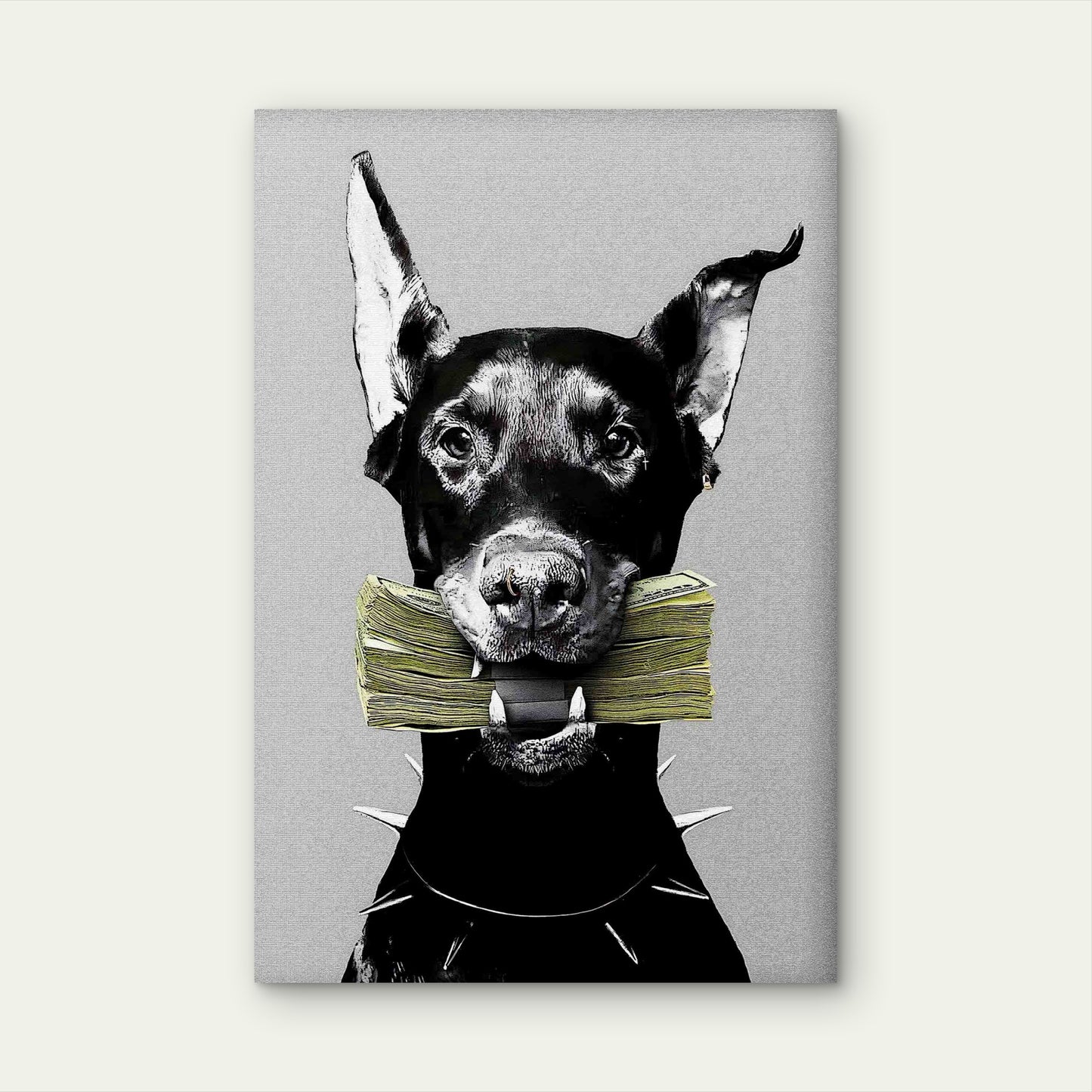 Doberman Spiked Collar Cash Money Stack 40x60cm Metal Print Ready to Hang