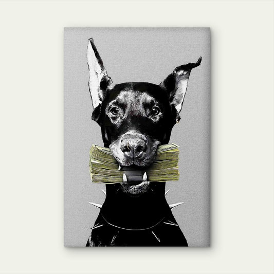 Doberman Spiked Collar Cash Money Stack 40x60cm Metal Print Ready to Hang