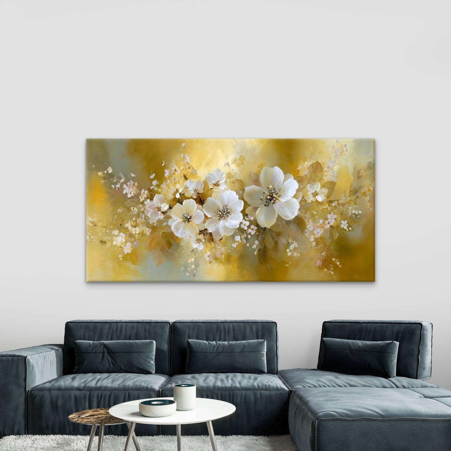 Elegant Yellow & Floral Wall Art Canvas Office Home Room Framed 120x60cm