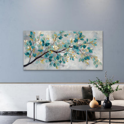 Blue & Golden Leaf White Branch Wall Art Canvas Office Home Room Framed 120x60cm