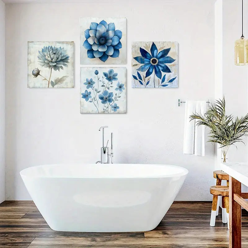 4pcs Blue Flowers Paintings Wall Art Canvas Framed