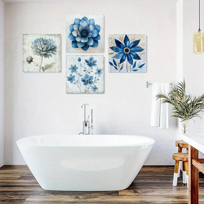 4pcs Blue Flowers Paintings Wall Art Canvas Framed