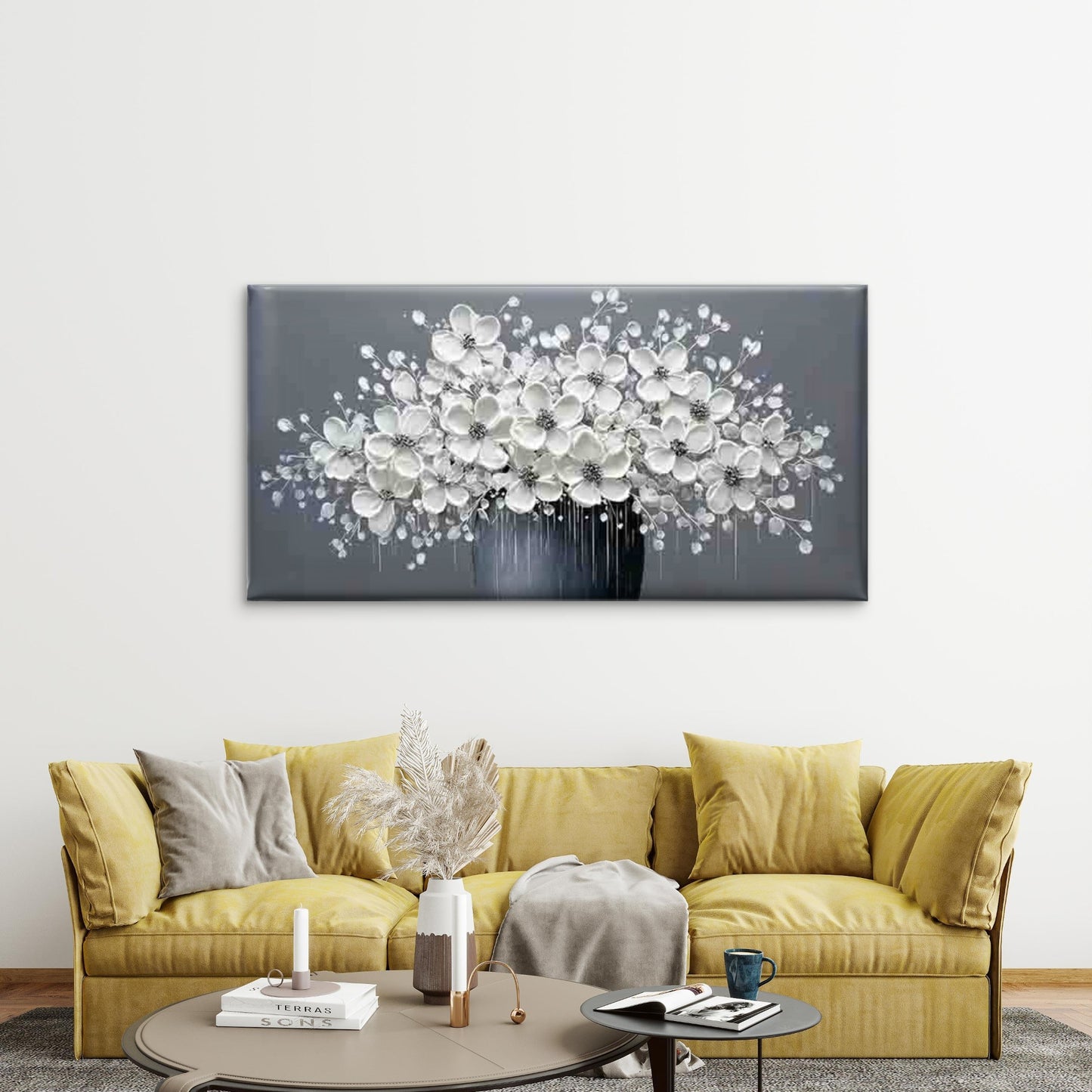 White Flowers in a Dark Vase Wall Art Canvas Office Home Room Framed 120x60cm - Bella Home Decor