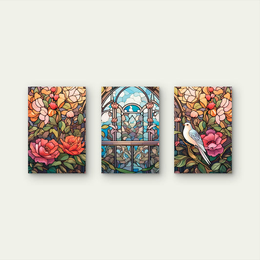 3pcs White Bird Floral Arched Window Metal Print Ready to Hang Art