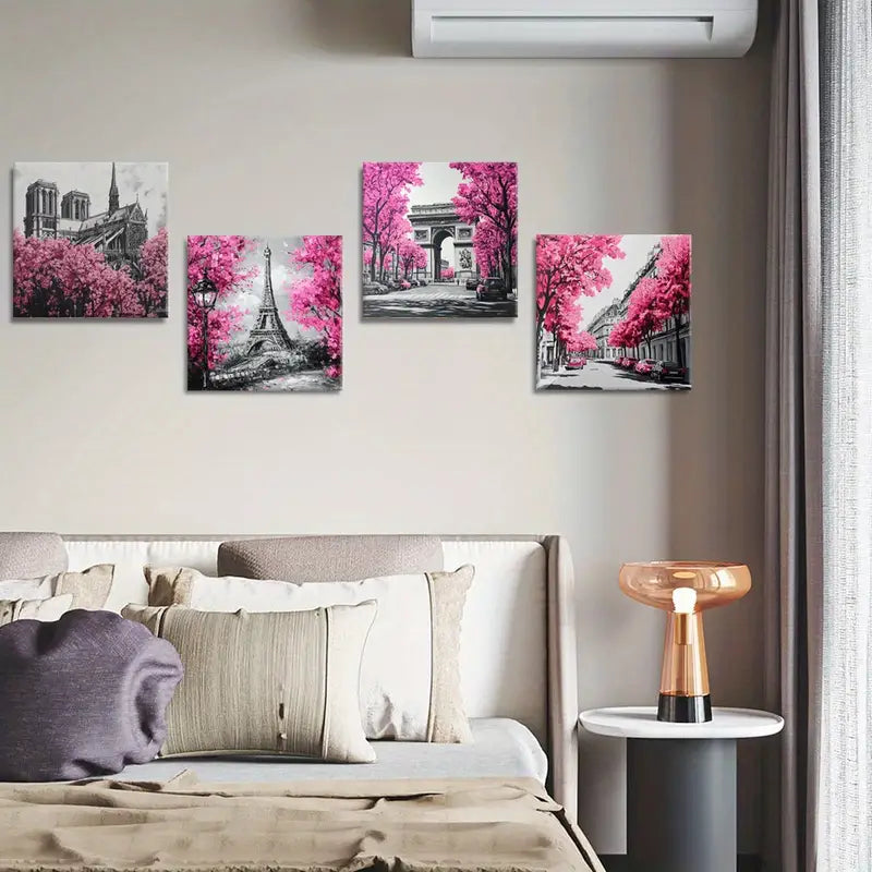 4pcs Pink Trees Eiffel Tower  Wall Art Canvas Framed