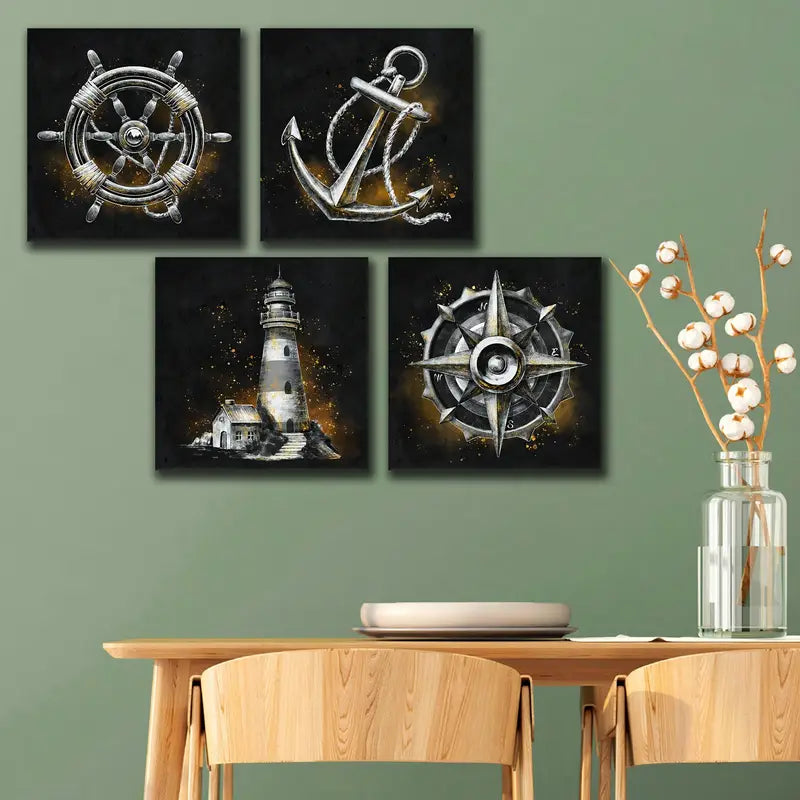 4pcs Lighthouse, Anchor, Compass & Ship Wheel Wall Art Canvas Framed