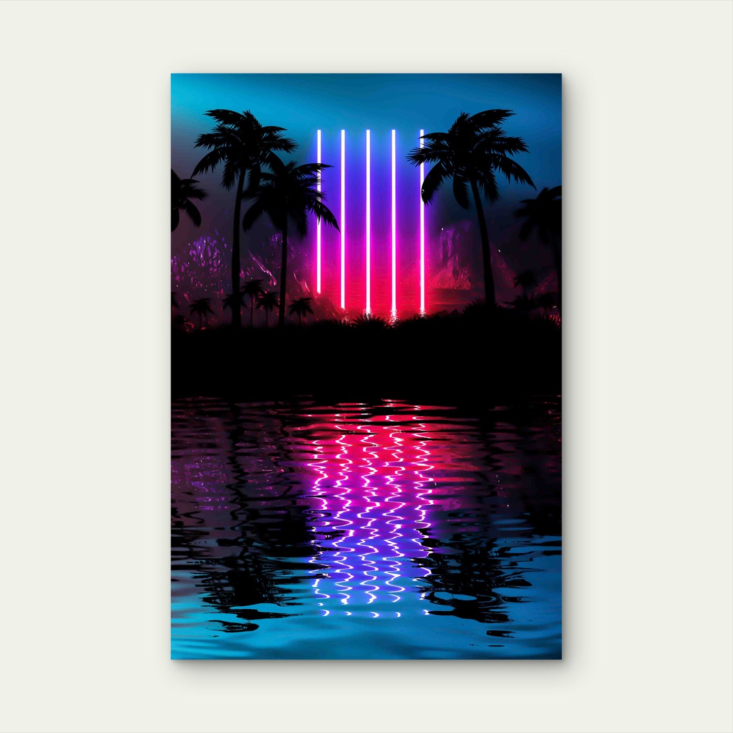 Neon Palm Tree, Tropical Leaves Reflection 60x90cm Metal Print Ready to Hang