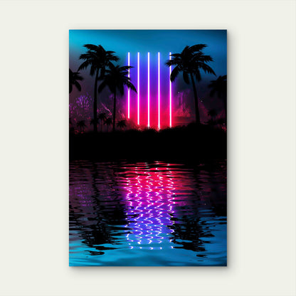 Neon Palm Tree, Tropical Leaves Reflection 60x90cm Metal Print Ready to Hang