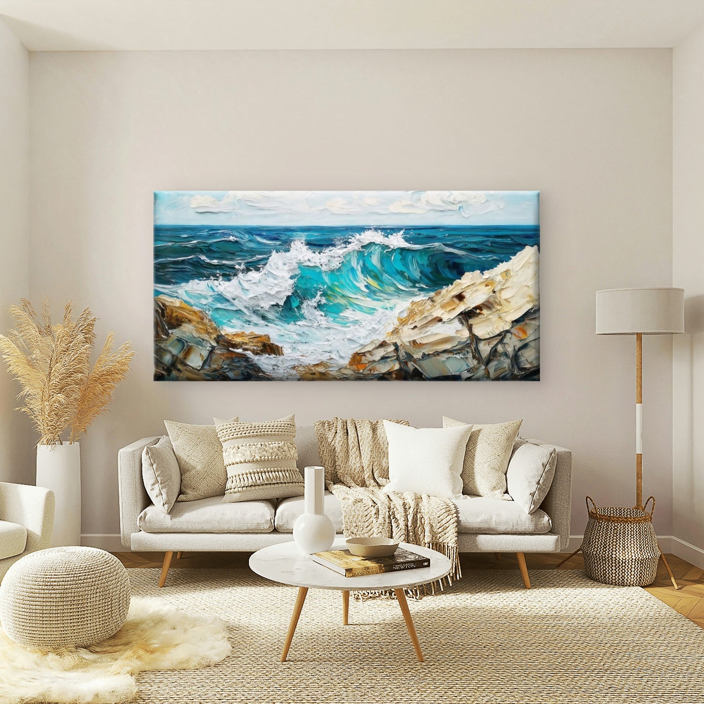 Ocean Waves & Rocky Coast Wall Art Canvas Office Home Room Framed 120x60cm