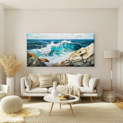 Ocean Waves & Rocky Coast Wall Art Canvas Office Home Room Framed 120x60cm