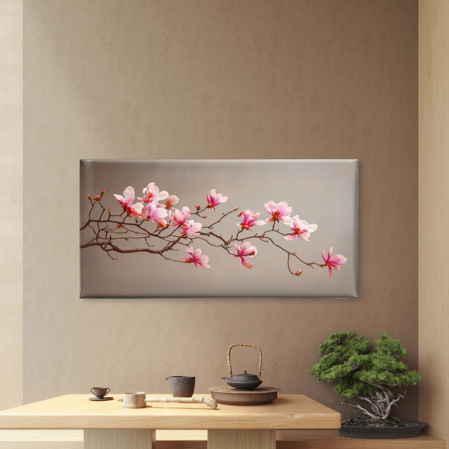 Pink Blooms, Taupe Sky Wall Art Canvas Office Home Room Framed 120x60cm - Bella Home Decor