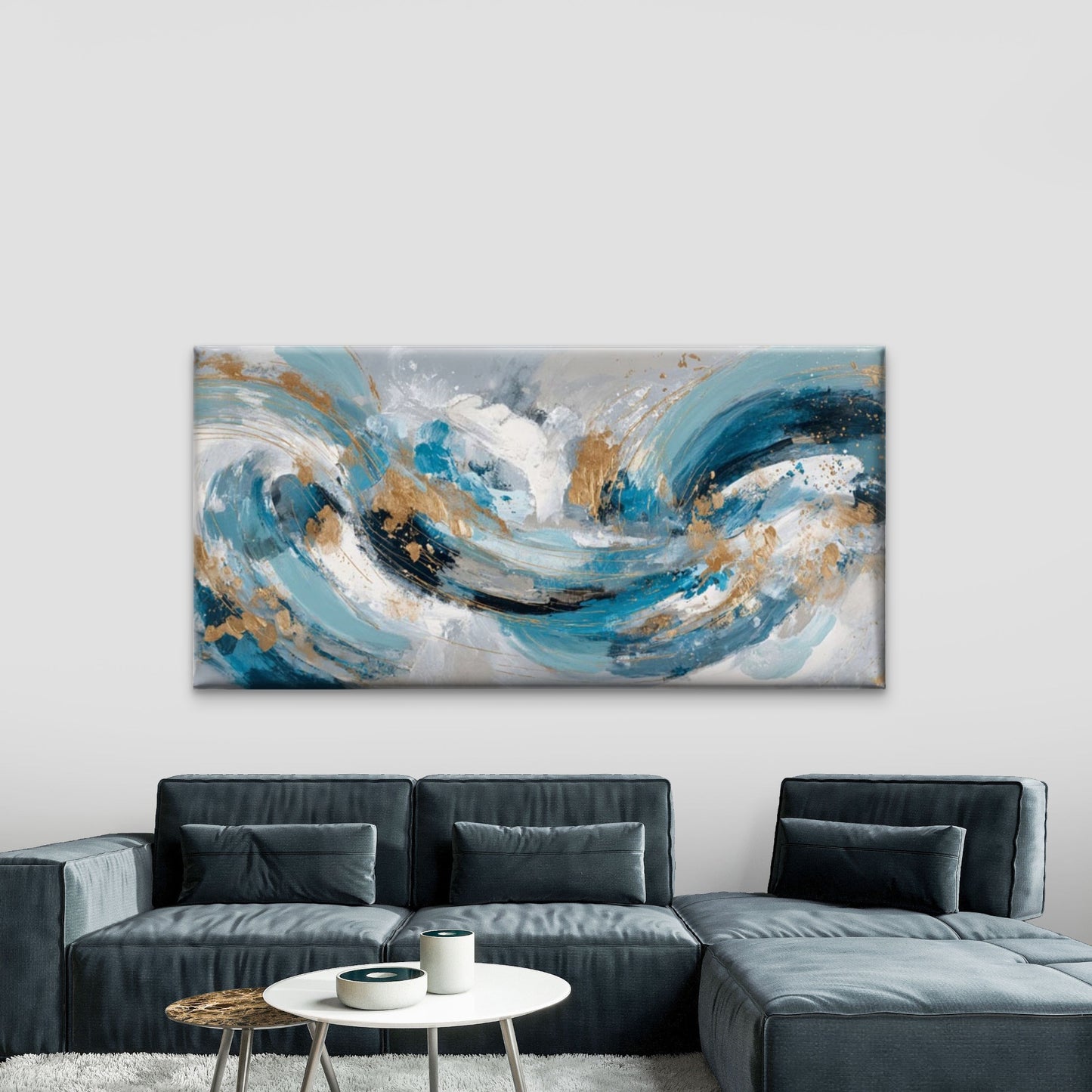 Abstract Blue Golden Turquoise Wall Art Canvas Office Home Room Framed 120x60cm
