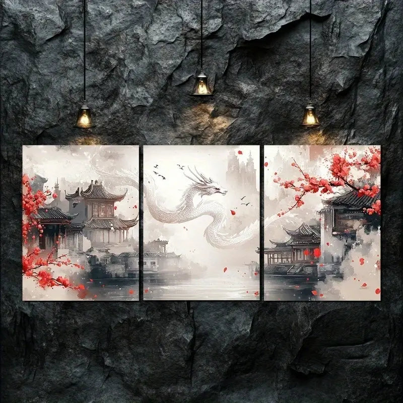 3pcs  Dragon & Cherry Blossoms Metal Print Ready to Hang Art - Bella Home Decor