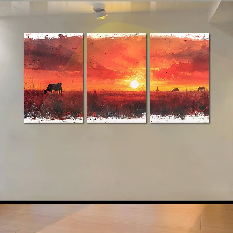3pcs Charming Sunset Cows & Sheep Wall Art Set Canvas Framed 40x60cm - High Quality Print 100% Australian Made Wall Canvas Ready to Hang - Bella Home Decor