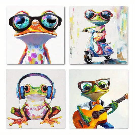 4pcs Whimsical Frog with Glasses Wall Art Canvas Framed