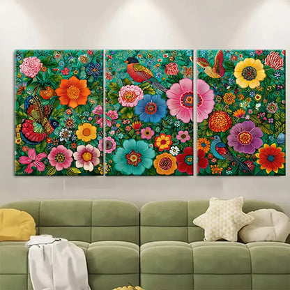 3pcs Vibrant Peruvian Folk Art Floral Bird Wall Art Set Canvas Framed 50x70cm - High Quality Print 100% Australian Made Wall Canvas Ready to Hang