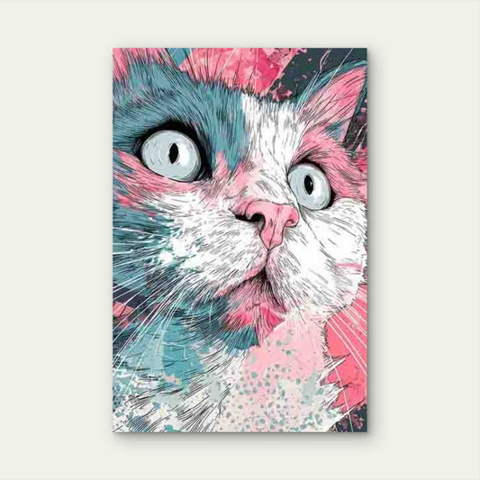 Large-Eyed Pop Art Cat Painting 40x60cm Metal Print Ready to Hang