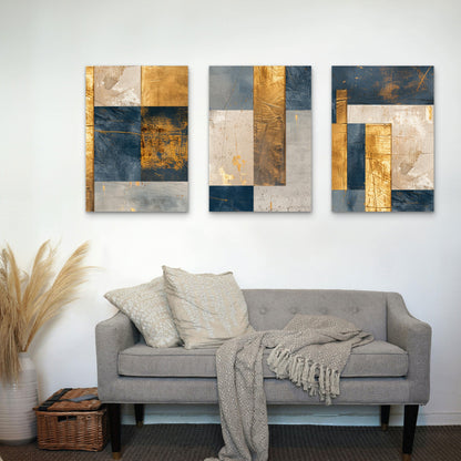 3pcs Modern Navy Blue Grey Gold Foil Geometric  Wall Art Set Canvas Framed 50x70cm - High Quality Print 100% Australian Made Wall Canvas Ready to Hang
