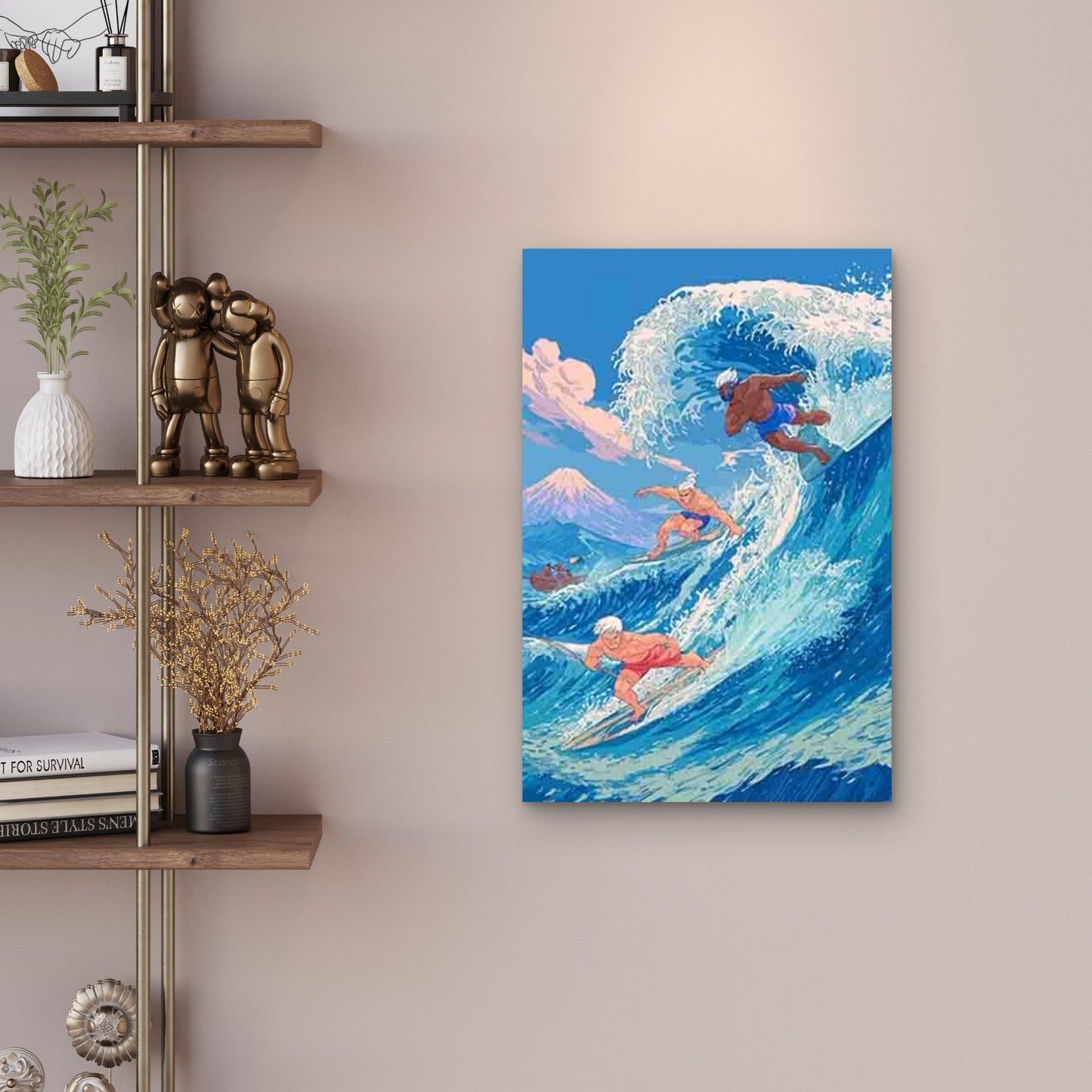 Surfing Wave Art Print with Surfers, Ocean Waves 60x90cm Metal Print Ready to Hang