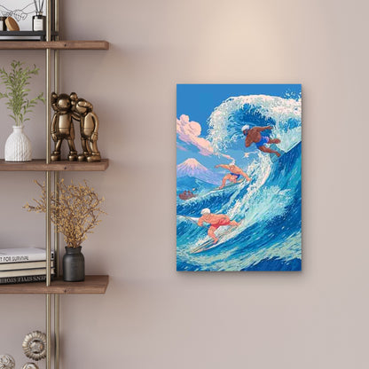 Surfing Wave Art Print with Surfers, Ocean Waves 60x90cm Metal Print Ready to Hang
