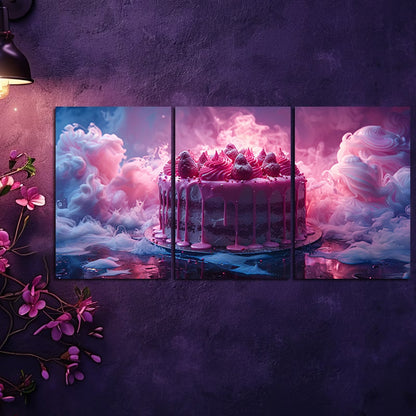3pcs Surreal Magical Birthday Cake Wall Art Set Canvas Framed 50x70cm - High Quality Print 100% Australian Made Wall Canvas Ready to Hang