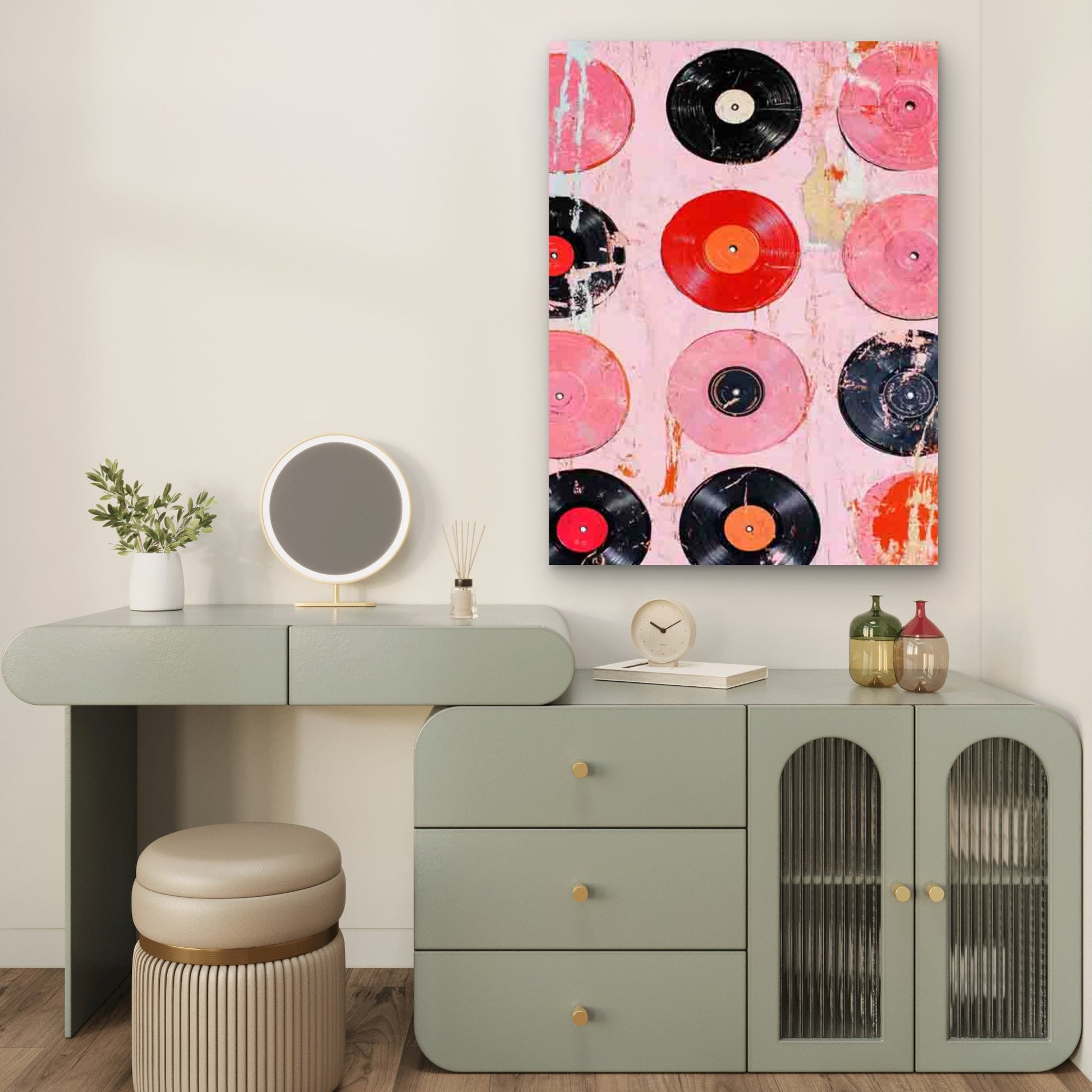 Abstract Painting of Pink And Red Vinyl Records 60x90cm Metal Print Ready to Hang - Bella Home Decor