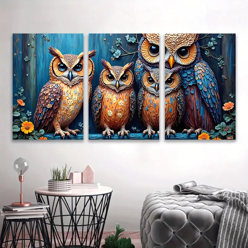 3pcs Owl Animal Painting Nature Theme Wall Art Set Canvas Framed 40x60cm - High Quality Print 100% Australian Made Wall Canvas Ready to Hang