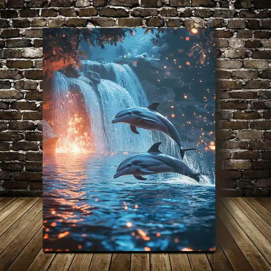 Cyberpunk Dolphin Waterfall Scene with Glowing 40x60cm Metal Print Ready to Hang - Bella Home Decor