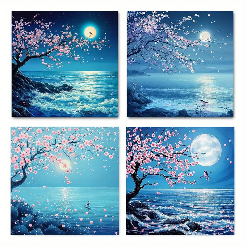 4pcs   Cherry Blossom Moonlit Night  DF     Wall Art Canvas Framed