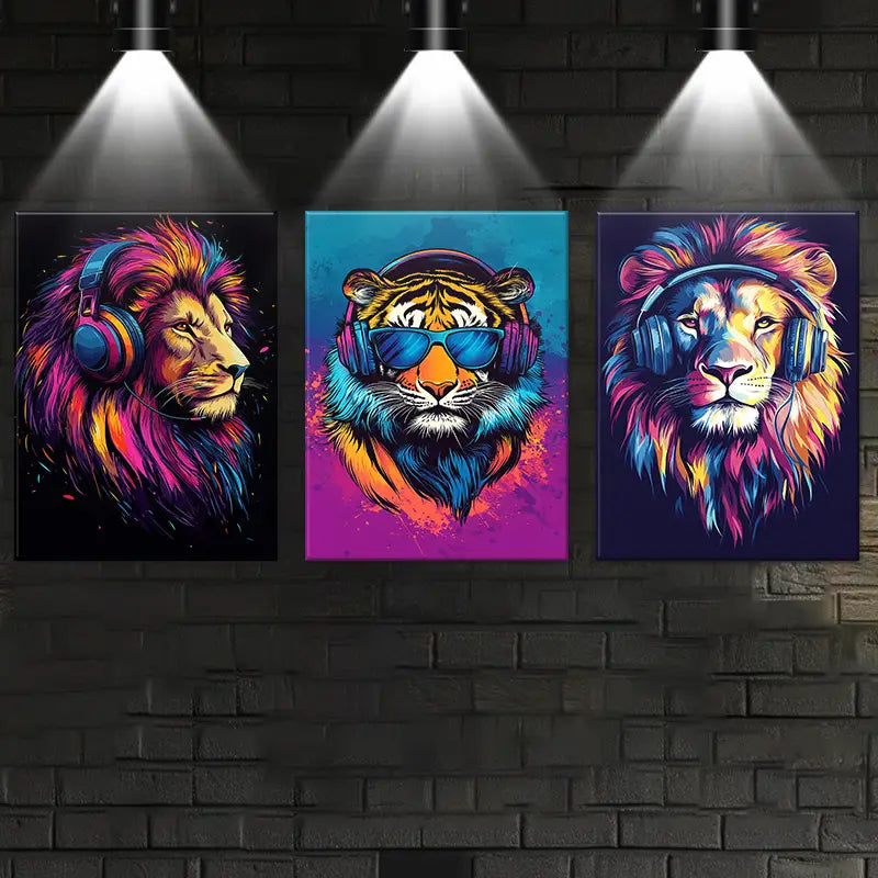 3pcs Modern Headphone Lions & Tigers Metal Print Ready to Hang Art