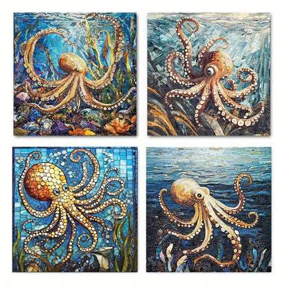 4pcs  Octopus Mosaic Art Deco Art Canvas Framed