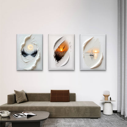 3pcs Sunset Sailboat Mountain Palette Knife  Wall Art Set Canvas Framed 40x60cm - High Quality Print 100% Australian Made Wall Canvas Ready to Hang