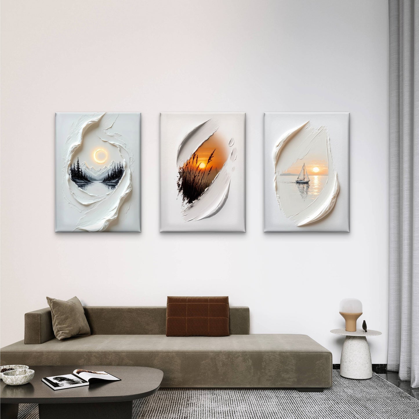 3pcs Sunset Sailboat Mountain Palette Knife  Wall Art Set Canvas Framed 50x70cm - High Quality Print 100% Australian Made Wall Canvas Ready to Hang