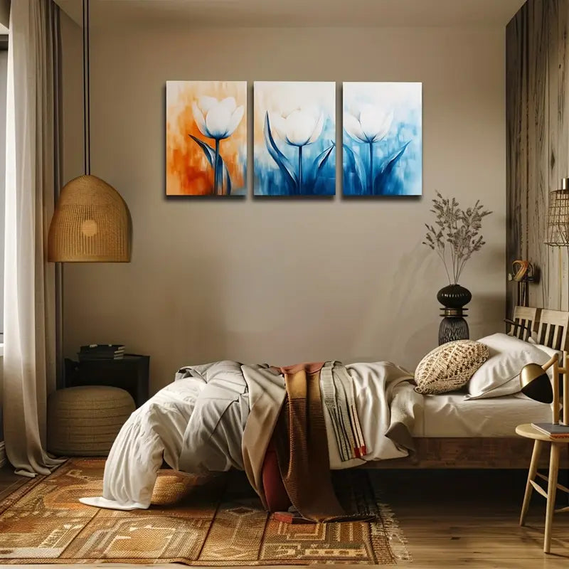 3pcs Triptych - White Tulips On Blue And Orange Metal Print Ready to Hang Art