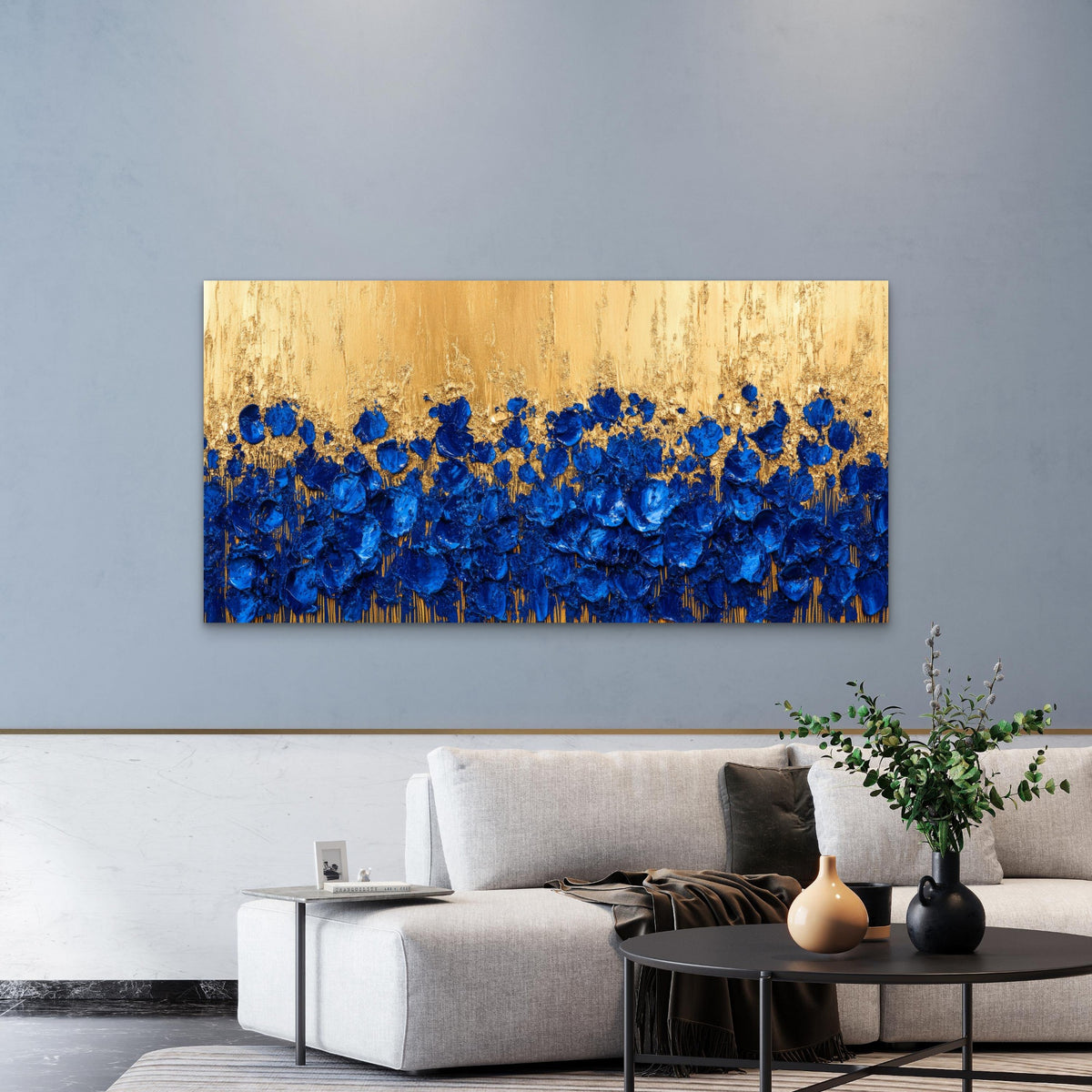 Golden Blue Floral Dreams Wall Art Canvas Office Home Room Framed 120x60cm