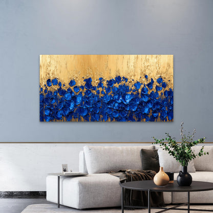 Golden Blue Floral Dreams Wall Art Canvas Office Home Room Framed 120x60cm