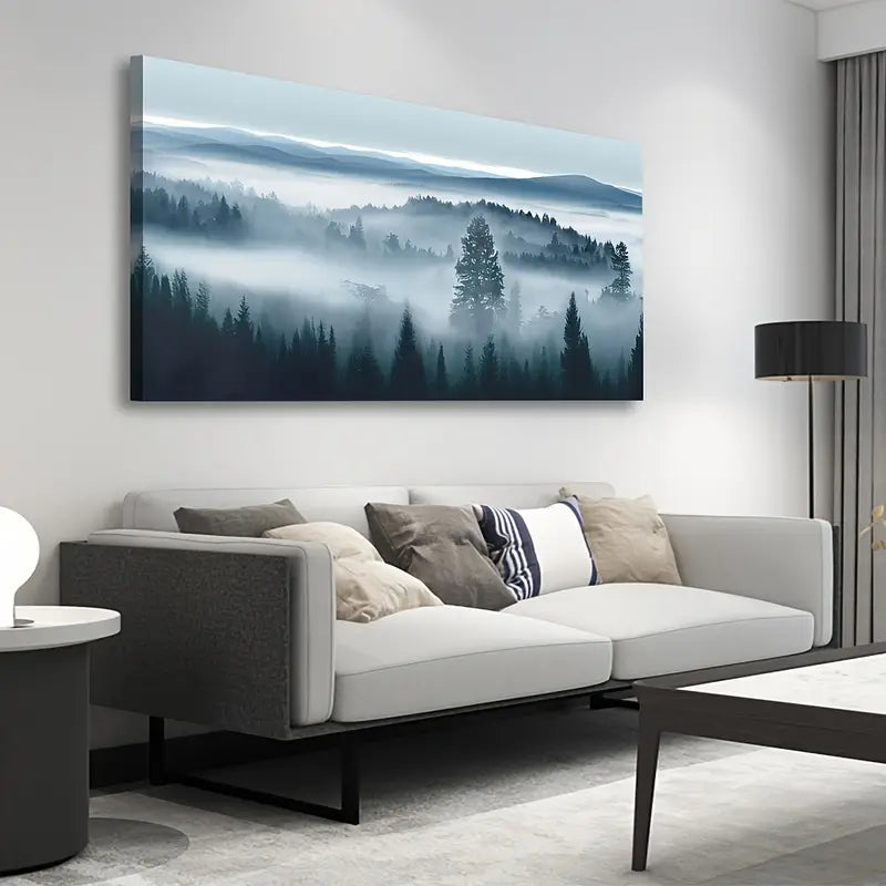 Misty Forest Blue Grey Abstract Mountain Trees Wall Art canvas office home room framed 120x60cm - Bella Home Decor