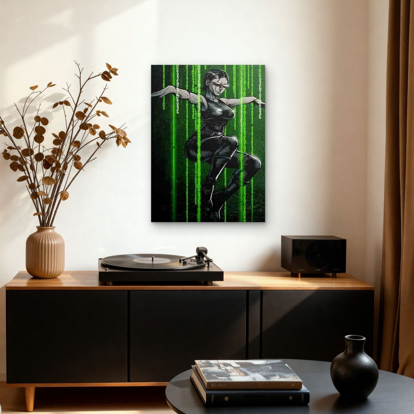 Cyber Woman with Matrix Code Green Digital Rain 60x90cm Metal Print Ready to Hang - Bella Home Decor