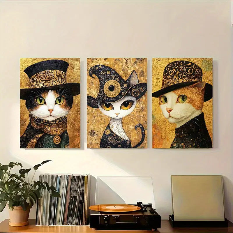 3pcs Golden Hat Vintage Cats Metal Print Ready to Hang Art - Bella Home Decor