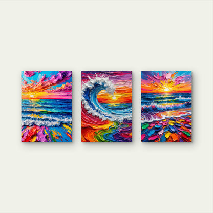 3pcs Vibrant Colorful Ocean Wave Impasto Sunset Painting Wall Art Set Canvas Framed 40x60cm - High Quality Print 100% Australian Made Wall Canvas Ready to Hang