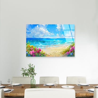 Blue Ocean Beach Wildflowers Acrylic Glass Printing Wall Art Australian Made Quality