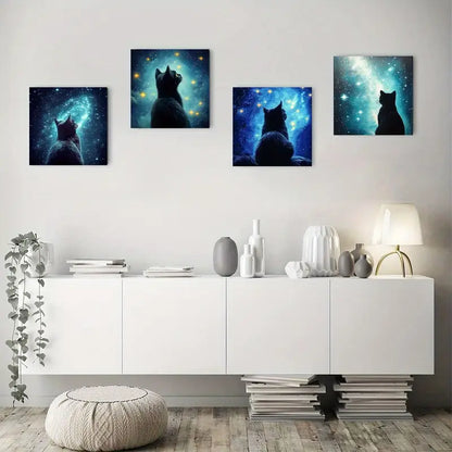 4pcs Cat Starry Night Wall Art Canvas Framed